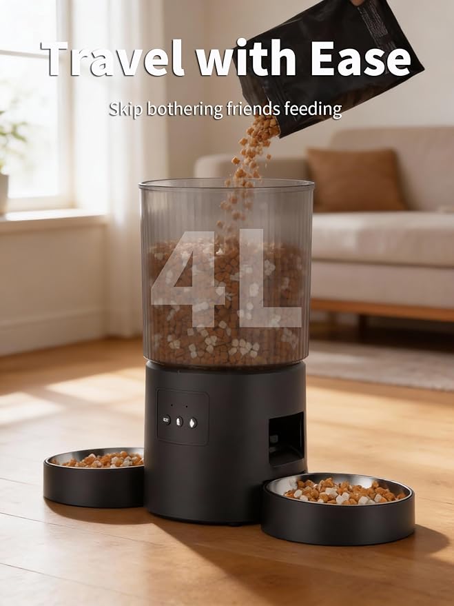 Automatic Cat Feeder, 2.4GHz WiFi Automatic Dog Food Dispenser, Fresh Protection, 4.5L Timer Feeder, Personalized Recording 10 Seconds, Easy to Clean, Stainless Steel Bowl (Double/Black)