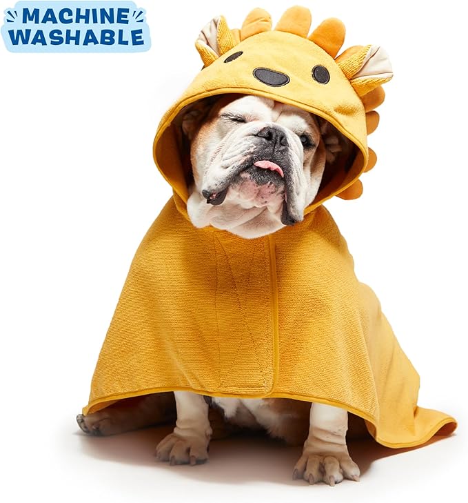 Barkbox Dog Bathrobe Fast Drying with Hook and Loop Closure & Wrap Tie Snuggle, Cute Dogs Clothes, Easy to Clean, Machine Washable, Dog Coats and Tumble Dry Low - Lion, Medium