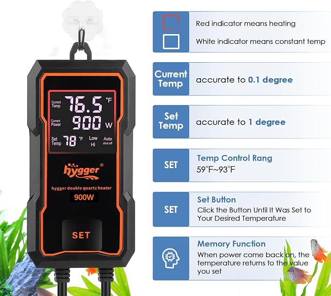 hygger Submersible Aquarium Heater 900W Fish Tank Heater with Temperature Control & Auto Off Protection for 110-250 Gallons Saltwater and Freshwater