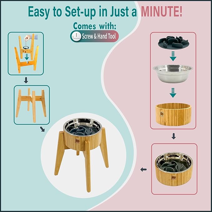 Elevated Slow Feeder Dog Bowls Large Breed - (12-inch-high) - Raised Bowl with Anti-Choking Insert - Stainless Metal and Bamboo