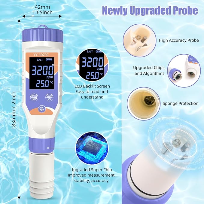 7-in-1 Digital Pool Water Tester, Accurate Chlorine, pH, Salt, ORP, EC, TDS & Temperature Meter for Saltwater Pools, Hot Tubs, Aquariums, Spas & Hydroponics