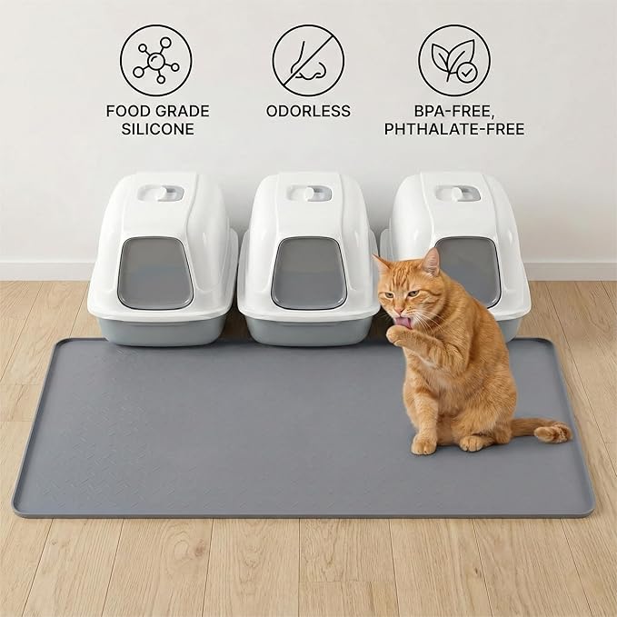 XL Cat Litter Mat: Premium Silicone Waterproof Litter Box Mat with 0.63" High Raised Edges - Non-Slip, Easy to Clean, Soft on Paws Floor Protector for Scatter Control