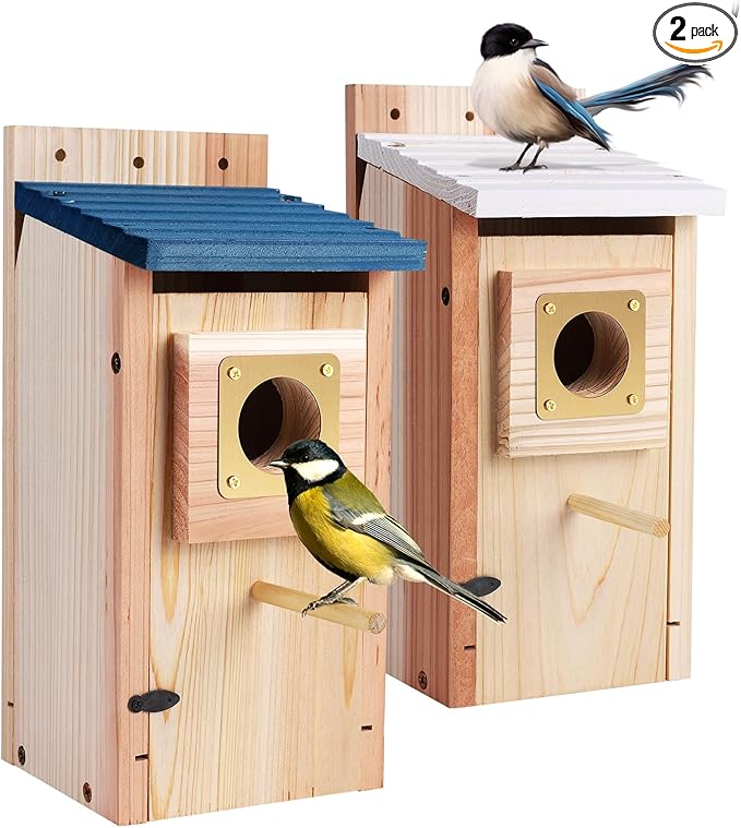 Bird Houses for Outside 2Pack with Copper Guard,Thicken Wooden Bluebird House Clearance Garden Country Cottages, Nesting Box for Finch Swallow Wren Chickadee Wild Bird Supplies, Easy to Assemble