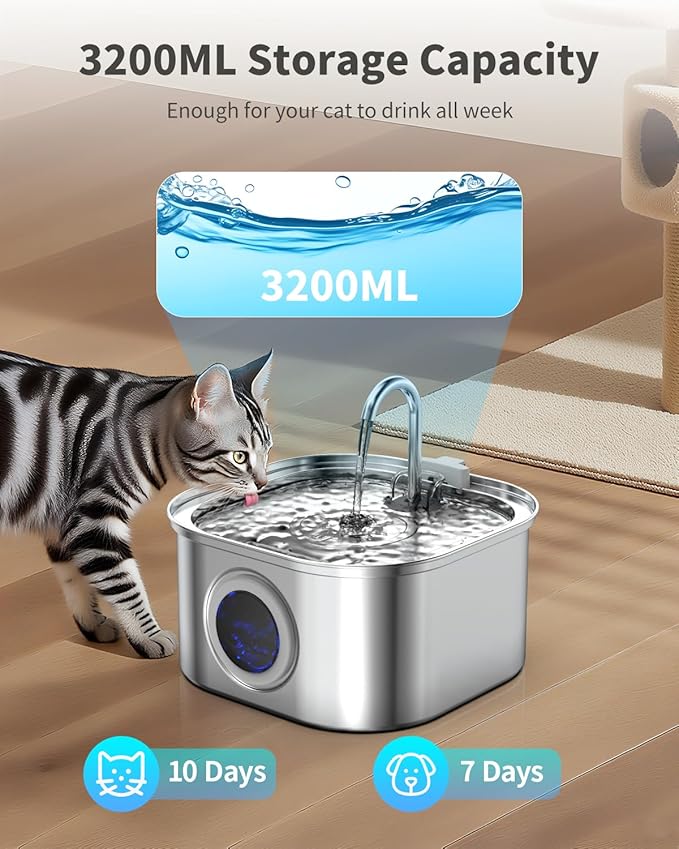 Lawfery Cat Water Fountain Stainless Steel, 108oz/3.2L Automatic Cat Drinking Fountain, Pet Water Dispenser with Quiet Pump, Suitable for Cats, Dogs and Multi-pet households