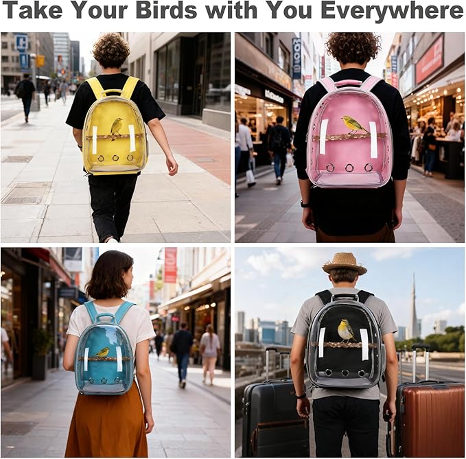 Bird Carrier Backpack with Wood Perch, Transparent Bird Travel Cage, Portable Pet Carrier Backpack, Breathable Hangbag for Vet Transport Camping Hiking (Blue)