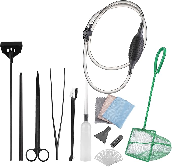 7pcs Aquarium Cleaning Kit Fish Tank Cleaning Tools Set | Professional Fishtank Cleaner Including Algae Scraper Brush Tweezer Gravel Vacuum Fish Net Duster for Dirt Water Change