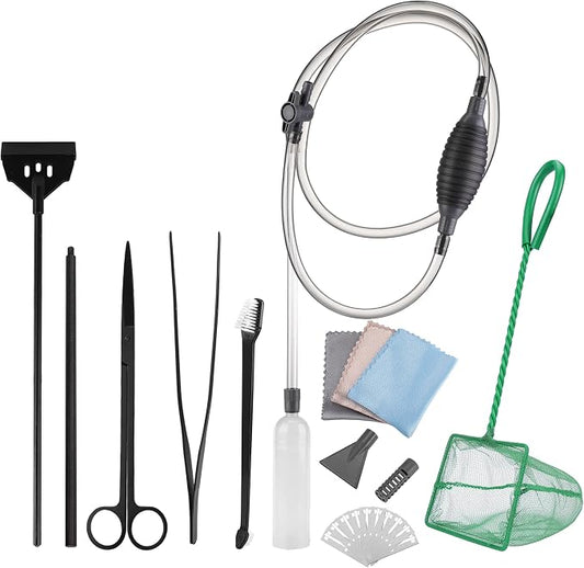7pcs Aquarium Cleaning Kit Fish Tank Cleaning Tools Set | Professional Fishtank Cleaner Including Algae Scraper Brush Tweezer Gravel Vacuum Fish Net Duster for Dirt Water Change