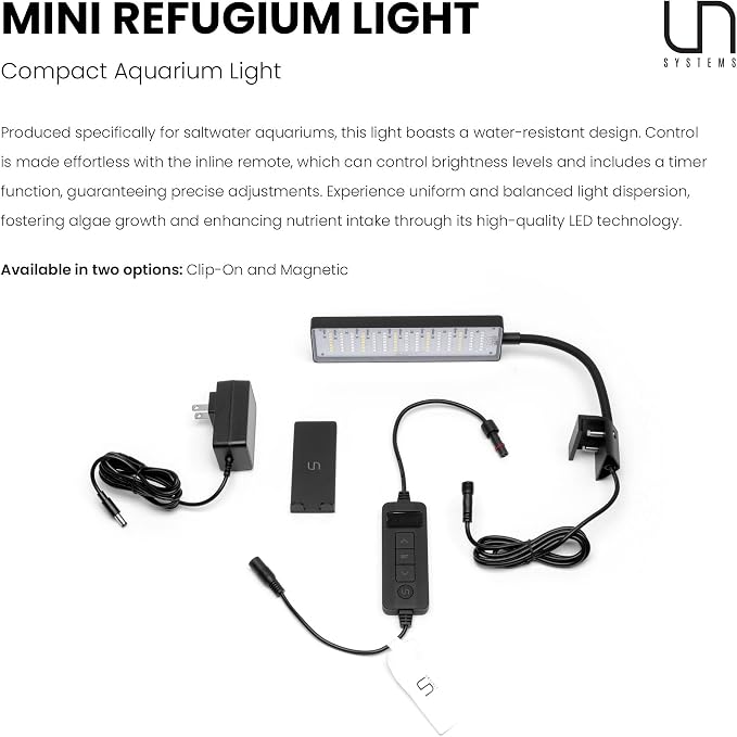 Ultum Nature Systems Refugium Light - Small Customizable Water-Resistant Aquarium LED Lamp w/Inline Timer, Full Spectrum Grow for Chaeto Macro Algae Saltwater Reef Tanks - Clip On