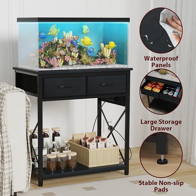 20-29-37 Gallon Fish Tank Stand, Black | Power Outlets, 2 Drawers