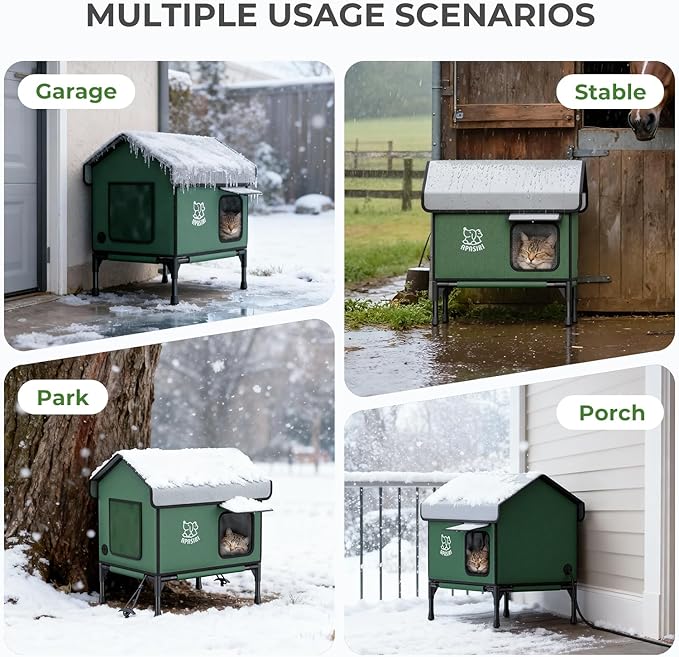Apasiri Outdoor Cat House Weatherproof – Insulated Feral Cat Shelter with Heating Pad, Water Resistant 900D Oxford, Anti-Peep Curtains & Escape Door, Elevated Design for All Seasons, Small