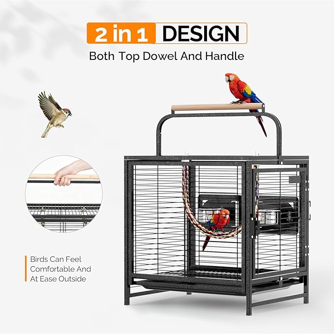 VINGLI Bird Cage, Wrought Iron Bird Cage with Handle for Parakeets, Parrot, Lovebirds, Finches, Small/Medium Birds (25" with Handle)