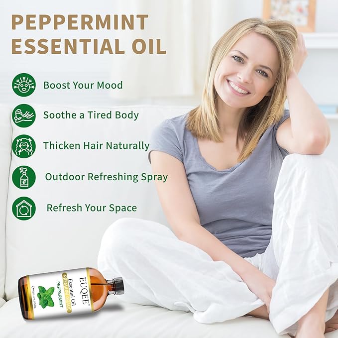 EUQEE Peppermint Essential Oil 118 ml Pure Peppermint Oil with Glass Dropper, Great for Aromatherapy, Diffuser, Soap Candle Making - 4Fl. Oz