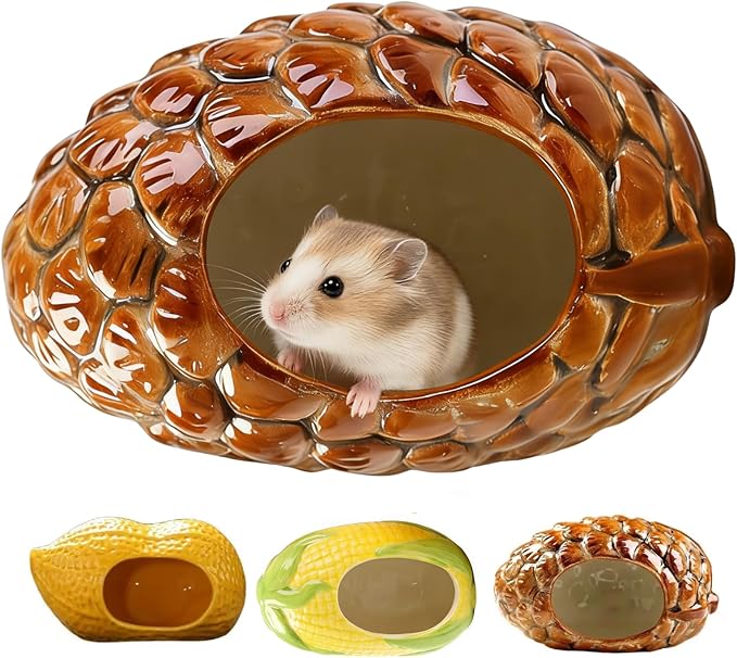 Ceramic Hamster Bed Cute Cooling Hideout for Small Pet Multi-Size Habitat Decor Cage Accessories for Gerbil Axolotl (Brown-Pinecone)