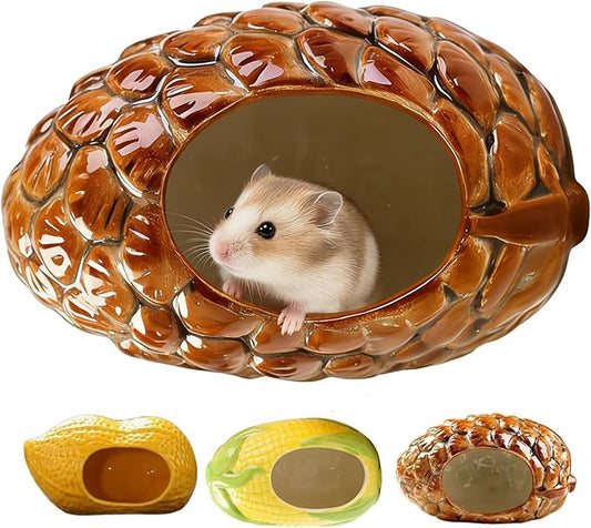 Ceramic Hamster Bed Cute Cooling Hideout for Small Pet Multi-Size Habitat Decor Cage Accessories for Gerbil Axolotl (Brown-Pinecone)