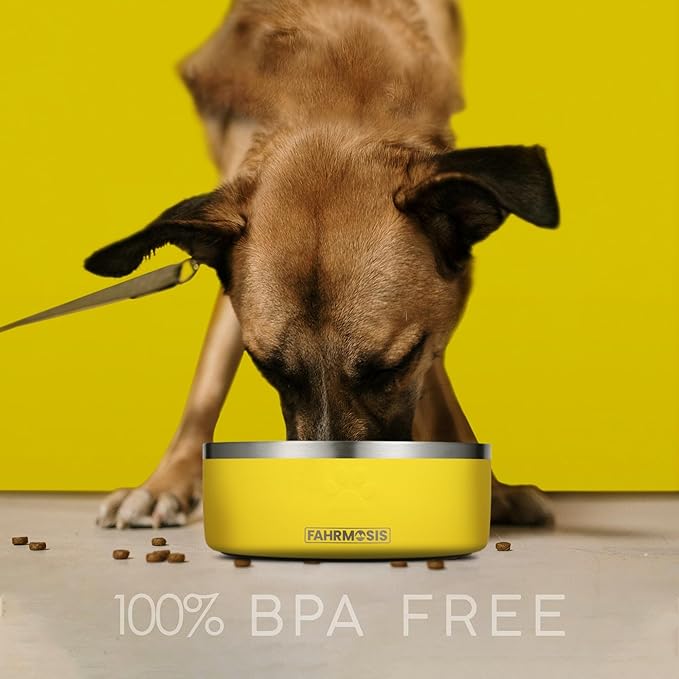 FAHRMOSIS 64 OZ Dog Bowl with Slow Feeder Insert Stainless Steel Pet Water Bowl for Medium & Large Breed Non Slip Rubber Base & Plastic Puzzle Feeder - Yellow