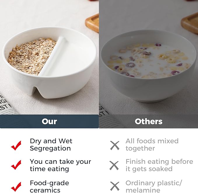 Anti-Soggy Cereal Bowl Set of 2, 6.7 Inch Divided Ceramic Bowls for Cereal and Milk, Chip and Dip Bowl, Soup and Sandwich Plate Combo, Stackable Snack Serving Bowl for Kids Adults, White