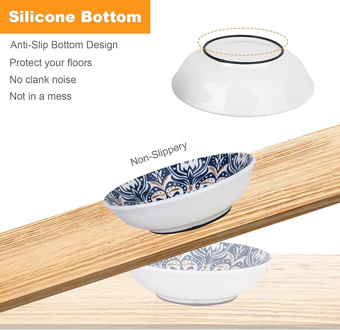 HAPPY KIT Ceramic Cat Bowls for Food 2pcs,5.75 inch with Non-Slip Silicone Bottom for Indoor, 8.5oz Cat Dish/Dishes,Wide Shallow Whisker Friendly