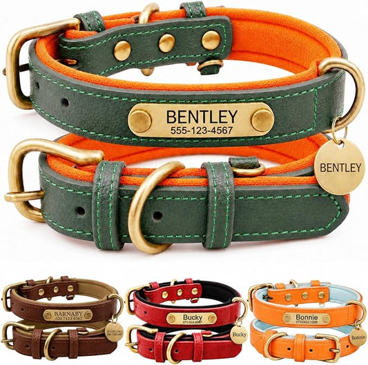 Leather Dog Collar Personalised and Leash Set, Personalized with Soft Padded Design Heavy Duty Featuring Custom Engraved Name Plate for Small Medium and Large Dogs