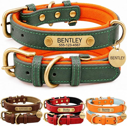 Leather Dog Collar Personalised and Leash Set, Personalized with Soft Padded Design Heavy Duty Featuring Custom Engraved Name Plate for Small Medium and Large Dogs