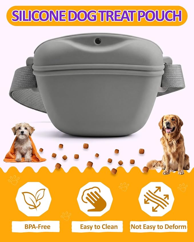 One-Hand Access 2-Pack Silicone Dog Treat Pouches with 2 Training Clickers - Magnetic Auto-Closing Lid, Extended Waist Belt, Pocket-Sized for Walks