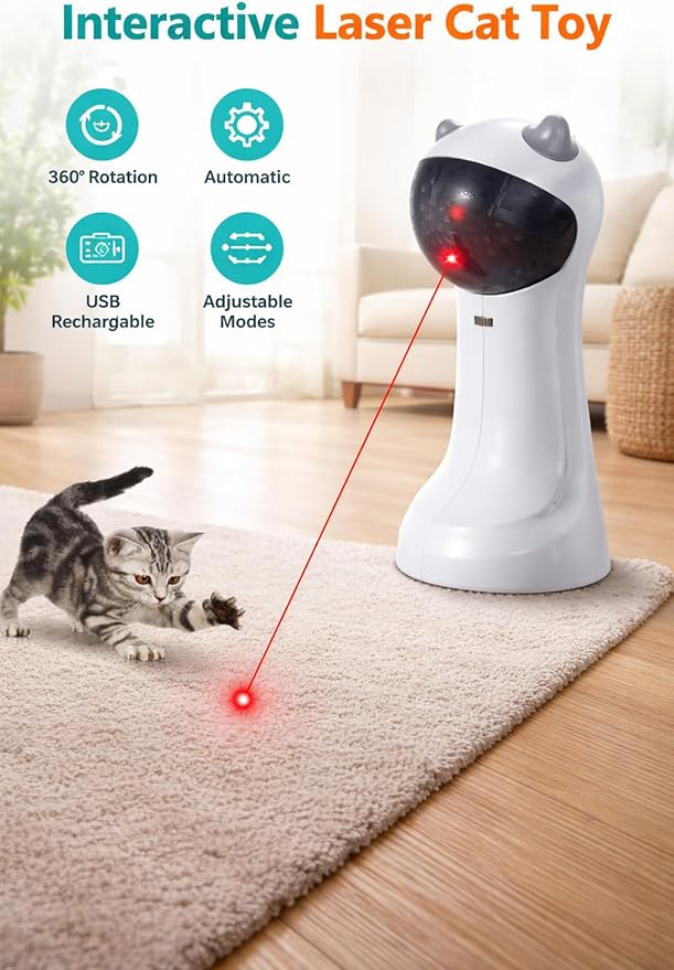 Tundras Automatic Pointing Pointer Light Cat Toy Automatic Motion-ActivatedAdjustable Light Angles, Random Rotating Trajectory, Rechargeable - USB-C Cable Included