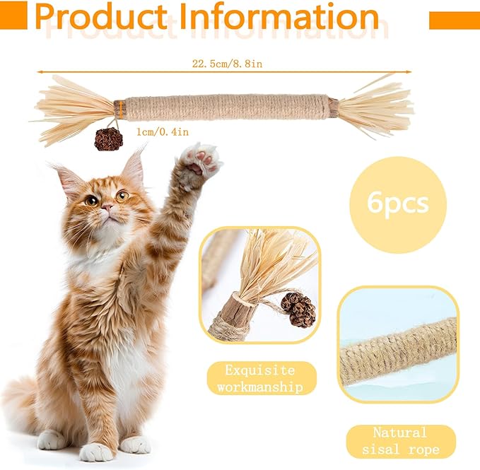 6 Pack Silvervine Sticks for Cats Chewers, Natural Cat Chew Stick, Interactive Kitten Chew Playthings, Silver Vine Chew Sticks for Indoor Kitty Nip Teeth Cleaning Dental Care Biting (6)