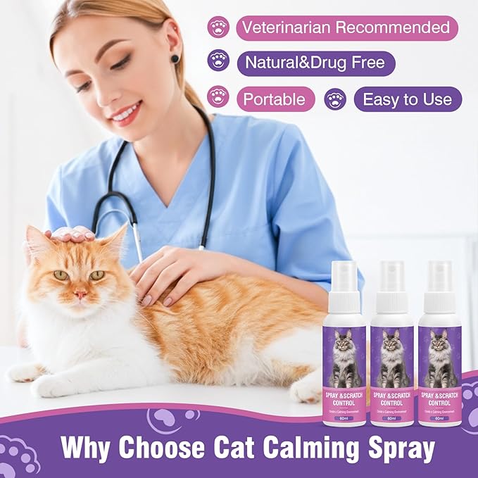 Cat Calming Spray Calming Solution for Cats Cat Pheromone Spray Reduces Stress Anxiety Scratching Calming Spray for Cats Good for Home Travel Cat Pheromones Calming Spray 60 ML 3 Pack