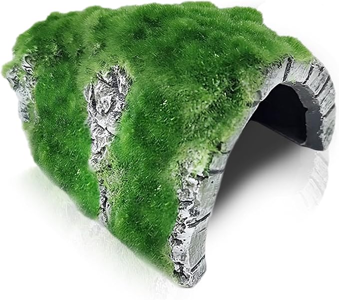 SunGrow Reptile Hideout Cave with Artificial Moss, Rock Habitat Shelter for Lizards, Snakes, Geckos, Frogs & Aquariums, Durable Resin Cave Decor, 6 x 3 x 4 Inches