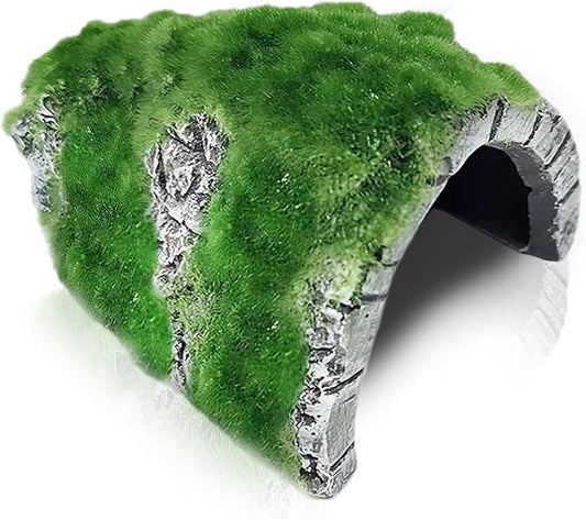 SunGrow Reptile Hideout Cave with Artificial Moss, Rock Habitat Shelter for Lizards, Snakes, Geckos, Frogs & Aquariums, Durable Resin Cave Decor, 6 x 3 x 4 Inches