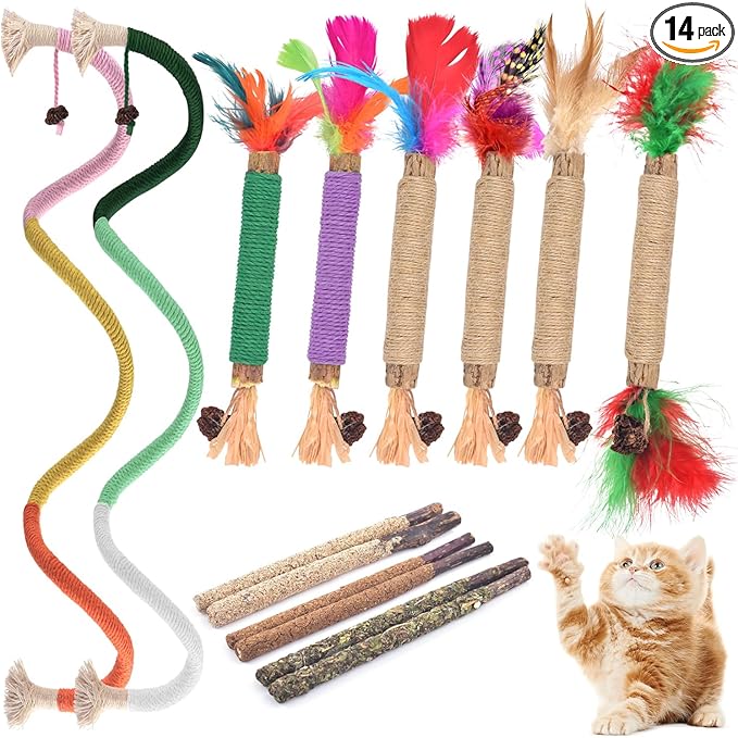 TINDTOP Cat Chew Toys, 12 Pack Silvervine Chew Sticks with 2 Pack Chew Ropes for Kittens Teeth Cleaning, Increase Appetite, Aggressive Chewers Cat Dental Toy