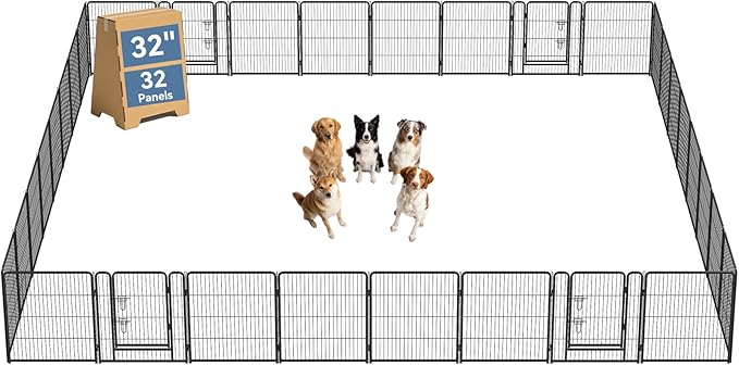 DUMOS Dog Playpen Indoor, Metal 32 Inch 32 Panels Foldable Pet Fence with Door, Outdoor Small Medium Large Dog Puppy Portable Exercise Play Pen for RV Camping, Trips, Play Yard