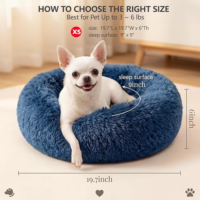 Calming Donut Dogs Beds for Small Dogs Washable,19inch Fluffy Round Puppy Bed for Puppies,Cats & Toy Breeds with Raised Rim,Fits up to 15 lbs Pets,Navy Blue