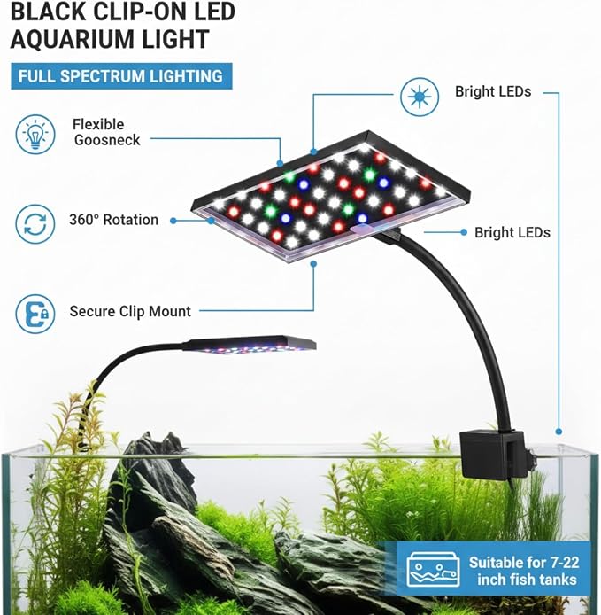 Rossesay 2 Pack Clip-on LED Aquarium Light for Plants, Full Spectrum Fish Tank Light with 42 Leds, 12w Dual Gooseneck, 360° Adjustable White Blue Red Green Leds, Fits 7-22 Inch Freshwater Planted Tank