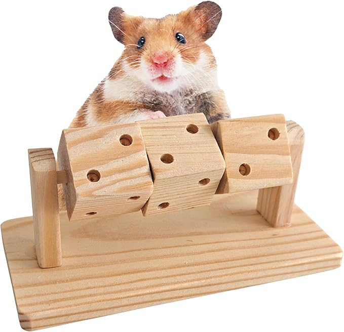 Small Animal Natural Wood Activity Toy with Rotating Cubes for Hamsters Gerbils Mice Unpainted