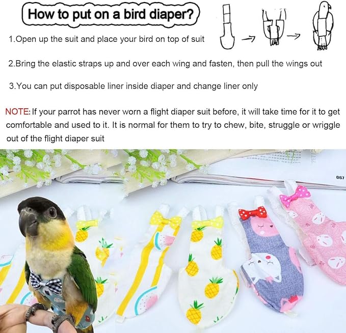 Diaper Flight Suite Liners for Birds Protective Nappy with Waterproof Inner Layer Cute Urine Wet Suit for Parrot Macaw African Budgies Conure Monk Parakeet (S,White)