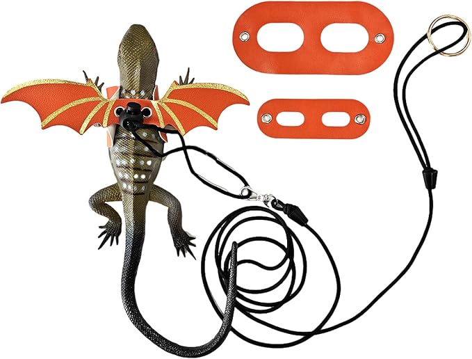 Dinosaur Wing Leash Harness for Bearded Dragons - 3-Size Adjustable Reptile Harness Set, Safe Escape-Proof Design for Lizards, Geckos, Iguanas & Small Pets (Orange)