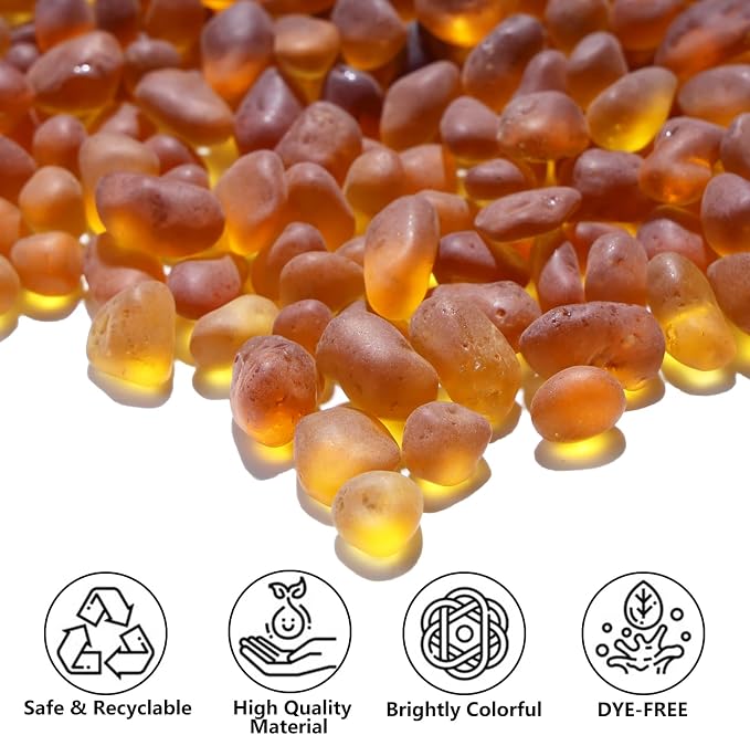 QYGL Sea Glass Stones - 0.9LB Amber Frosted Glass Pebbles Gemstones | Perfect for Aquarium Rocks, Fish Tank Gravel, Vase Fillers, DIY Crafts, and Home Decor