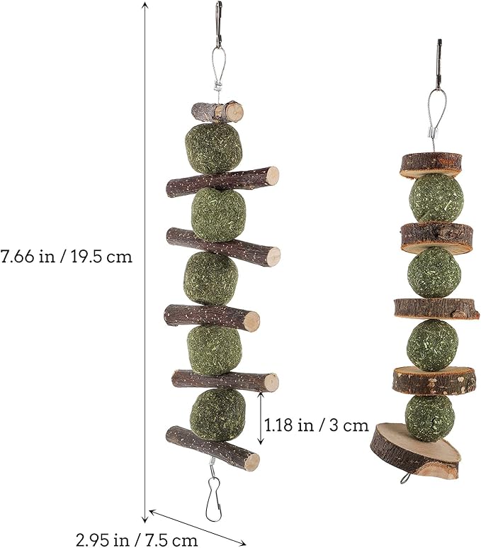 MERRYHAPY 2 Pcs Apple Wood Pet Molar for Rabbits and Hamsters Natural Chewing Sticks with Edible Grass Balls Interactive Small Animal Playthings to Reduce Boredom and Promote Dental Health