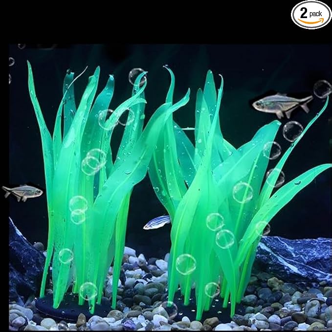 2Pcs Soft Silicone Aquarium Plants Glowing Kelp Fish Tank Plants Decor Artificial Aquarium Plant Decoration Simulation Artificial Water Grass for Fish Tank,Green,7inch