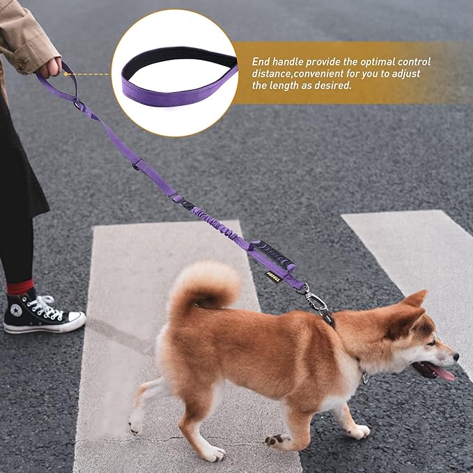 AUBELL Tactical Dog Leash Heavy Duty,4-6ft Reflective Strong No Pull Bungee Leash for Medium Large Dogs with Comfortable Padded Double Handle,Car Seat Belt,360 Degree Rotating Carabiner,Purple