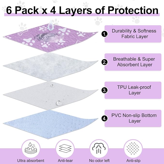 BEAUTYZOO 6 Pack Washable Pee Pads for Dogs, Reusable Puppy Pads for Potty Training, Waterproof Super Absorbent Whelping Pads Mats Non Slip Against Urine for Small Medium Dogs Cats, 16" x 24"
