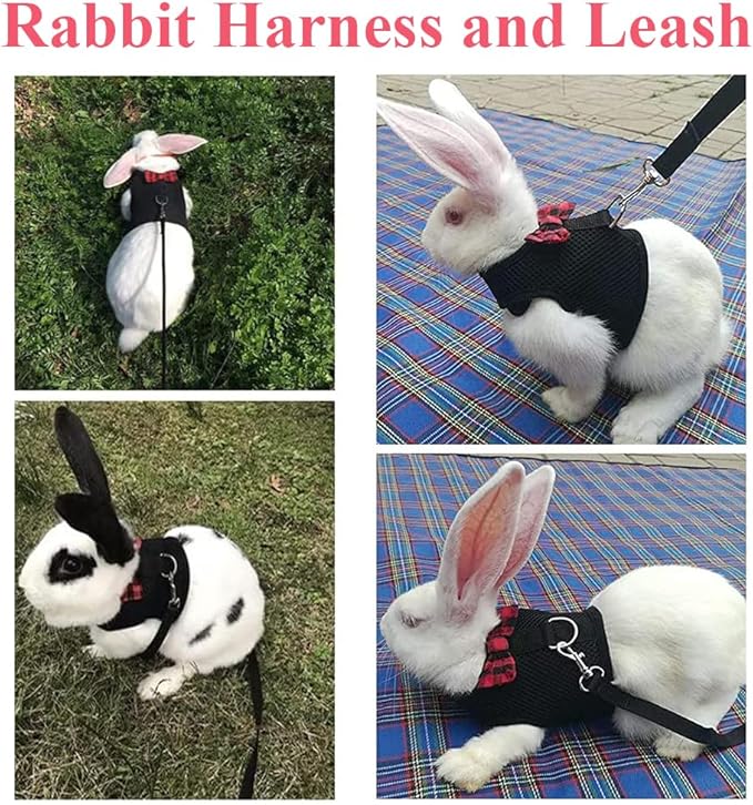ASOCEA Adjustable Bunny Harness and Leash Breathable Mesh Vest Harness for Rabbits Walking Soft Pet Harness Vest Cloth Lead for Small Animals Rabbits Ferret Kitten Black M