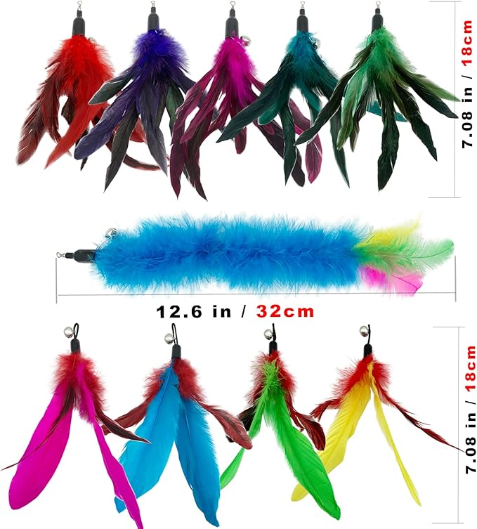 CATENESS Cat Feather Toys Refills, 10 Pieces Cat Wand Replacement Feathers Toy for Indoor Cats