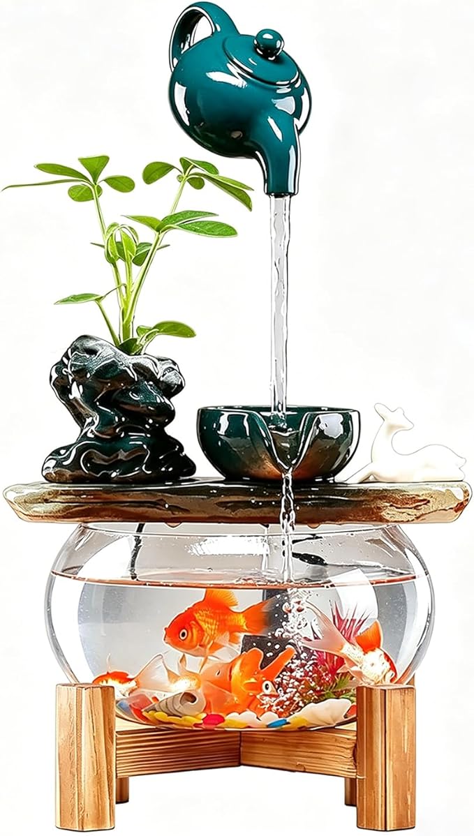 Tabletop Indoor Waterfall Fountain, Zen Water Fountain Indoor Small Fish Tank with Waterfall, Relaxing Feng Shui Tabletop Fountain for Home Office with Extra Spare Water Pump