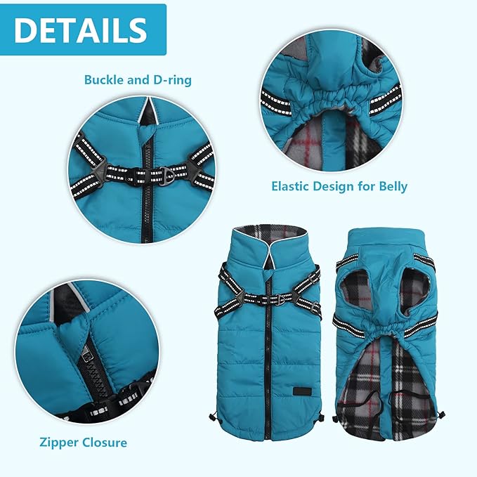 Geyecete Waterproof Dog Jacket with Harness, Traction Belt - Pet Outdoor Jacket for Small, Medium Dogs - Blue