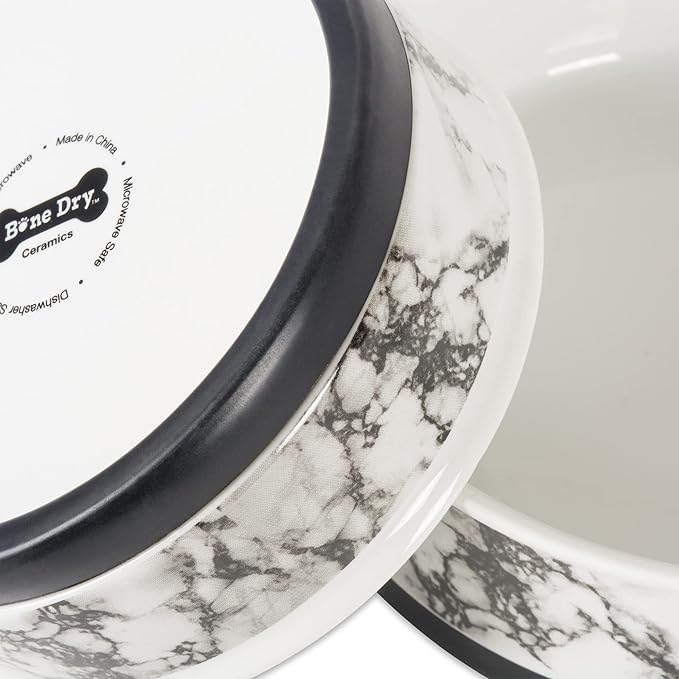 Bone Dry Pet Bowl Collection Ceramic Set, Large, Marble, 2 Count, White