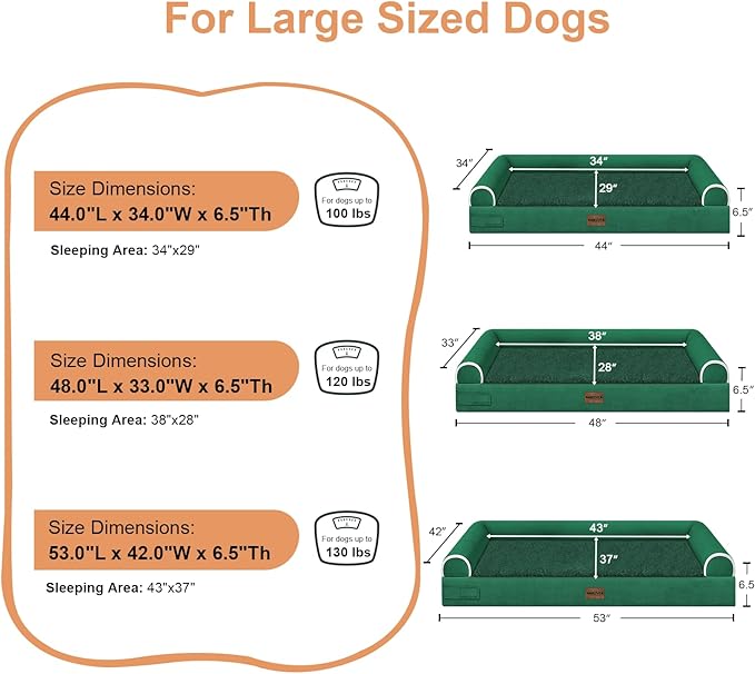NANUYA Large Dog Bed Orthopedic Washable: Beds Bolster XXL Bed Big XLarge Dogs Egg Crate Foam Sofa Couch Waterproof Removable Cover - Emerald