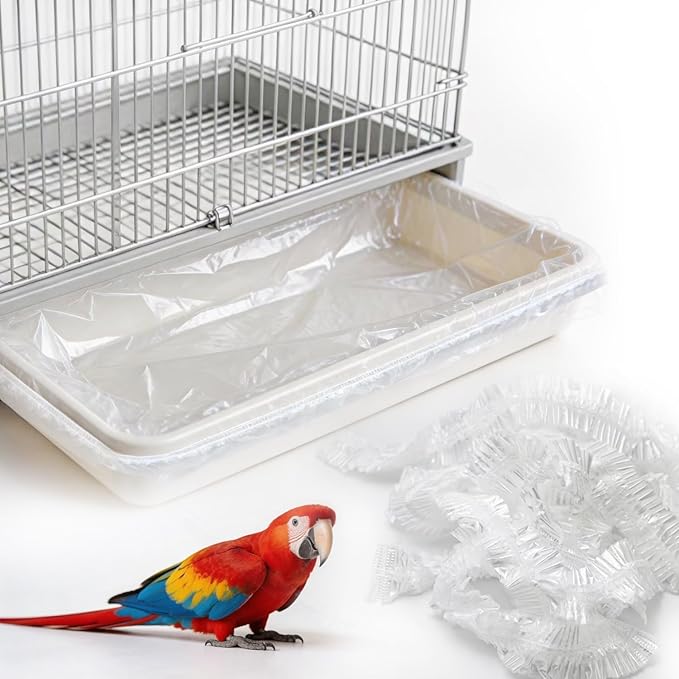 Disposable Bird Cage Liners 100 PCS Clear Plastic Parakeet Cage Liner Bag for 18x26 Inch Pallets Universal Elastic Film Intended for Parakeet, Cockatiels, Rabbit, Guinea Pig Finches Canaries