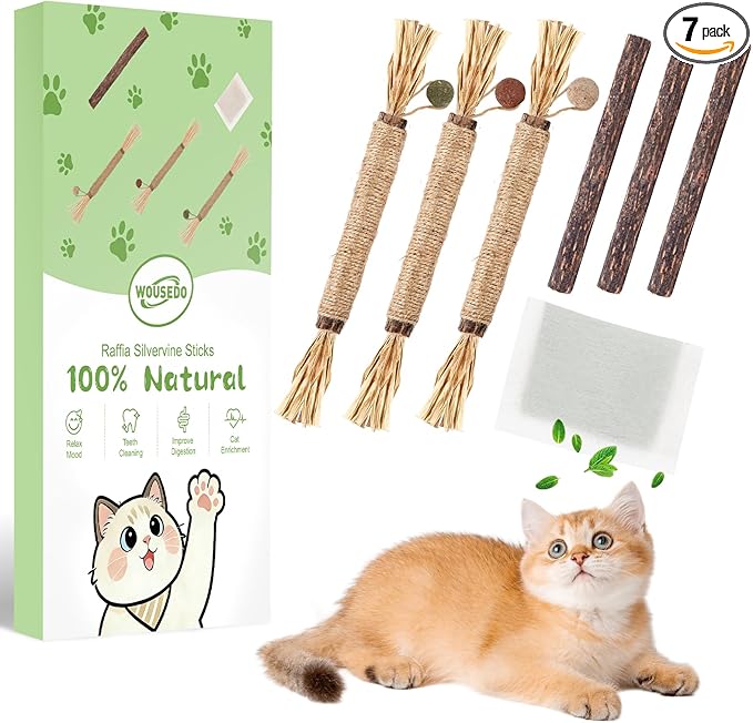 WOUSEDO 7 Pack Silvervine Sticks Cat Toy for Cats with Catnip & Matatabi Ball, Natural Chew Toys for Anxiety Relief & Dental Care, Teeth Cleaning Sticks for Indoor Cats & Kittens