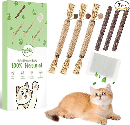 WOUSEDO 7 Pack Silvervine Sticks Cat Toy for Cats with Catnip & Matatabi Ball, Natural Chew Toys for Anxiety Relief & Dental Care, Teeth Cleaning Sticks for Indoor Cats & Kittens